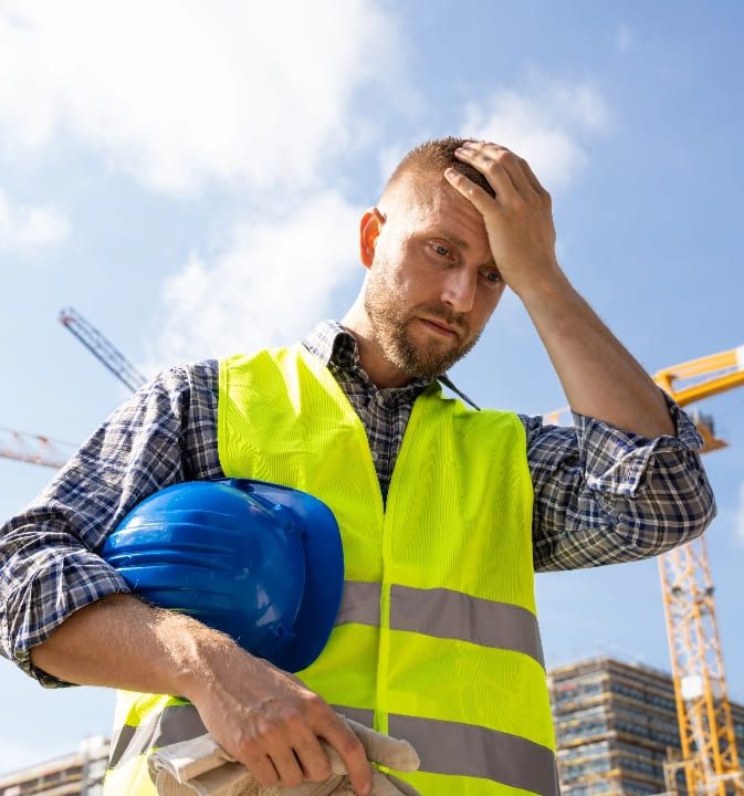 Construction worker wearing flannel shirt and bright green vest with hand on his forehead